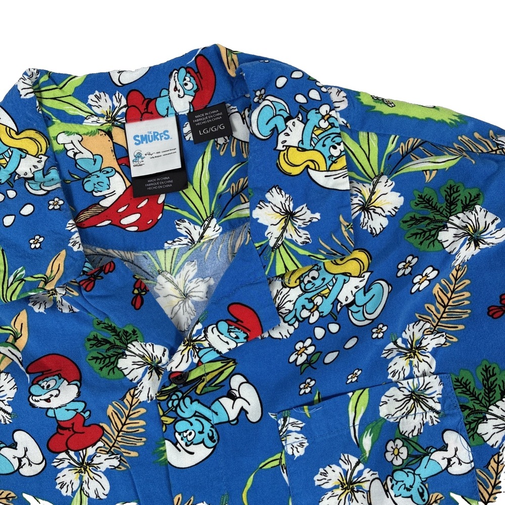 The Smurfs Hawaiian Shirt Sz L Short Sleeve Button Up Collard 100% Rayon